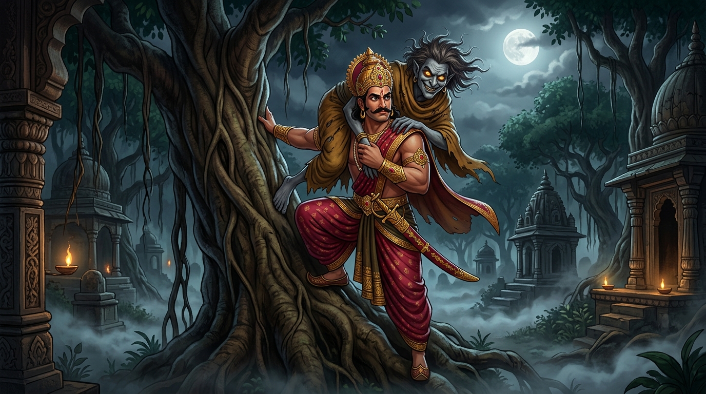 King Vikramaditya retrieving Betal from Shinshapa tree