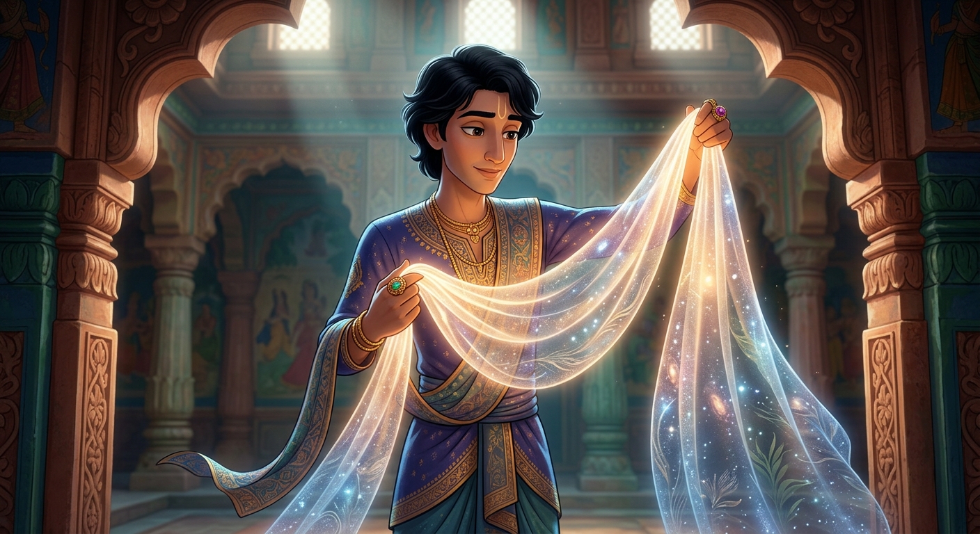 The 1st suitor, the Celestial Weaver, presenting an ethereal glowing silk garment