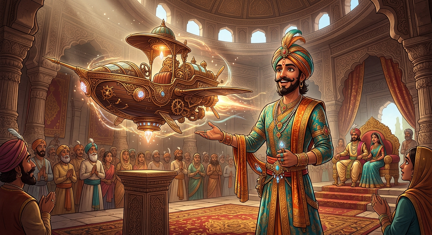 The 3rd suitor, the Aerial Architect, presenting a winged flying mechanical chariot