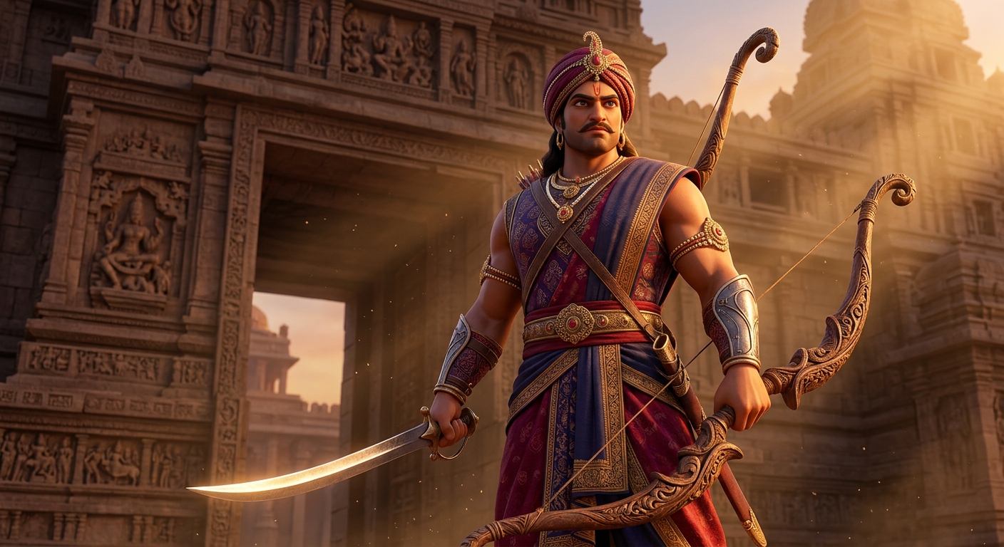 The 4th suitor, the Invincible Kshatriya Warrior, drawing his sword with fearless nobility