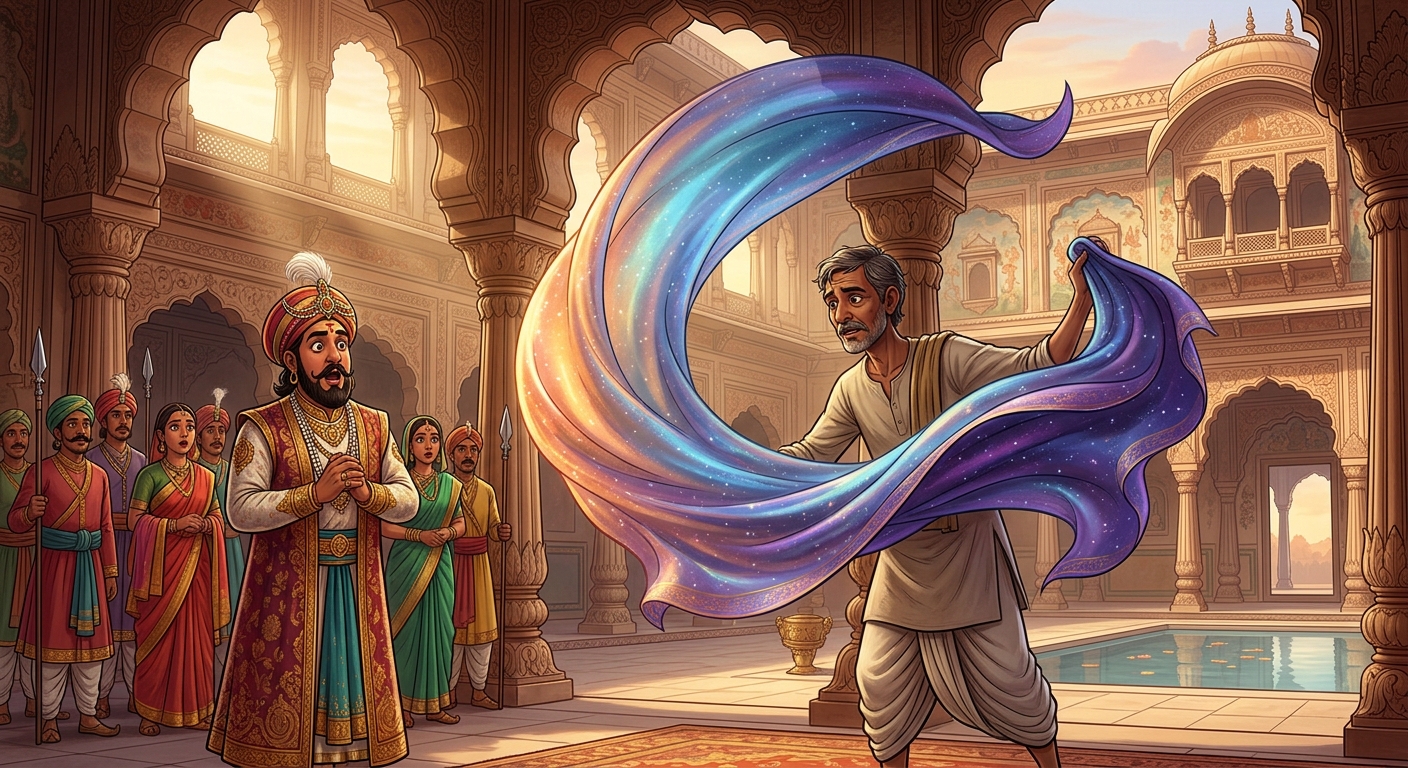 The Weaver unfurling miraculous shimmering silk before the amazed King