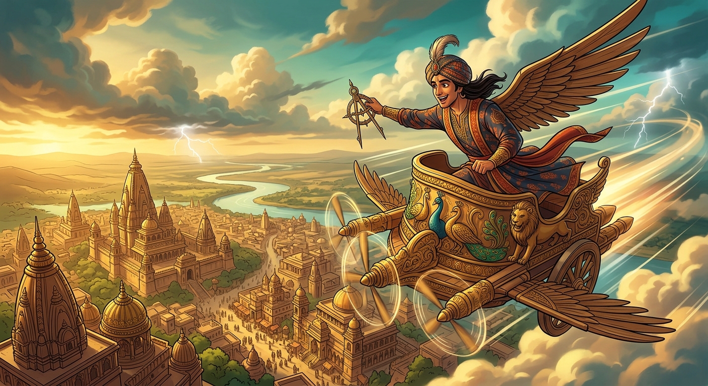 The Aerial Architect flying his winged chariot above the spires of Avanti
