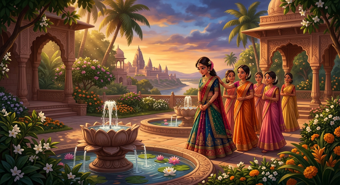 Princess Anangarati walking in royal gardens contemplating the four suitors