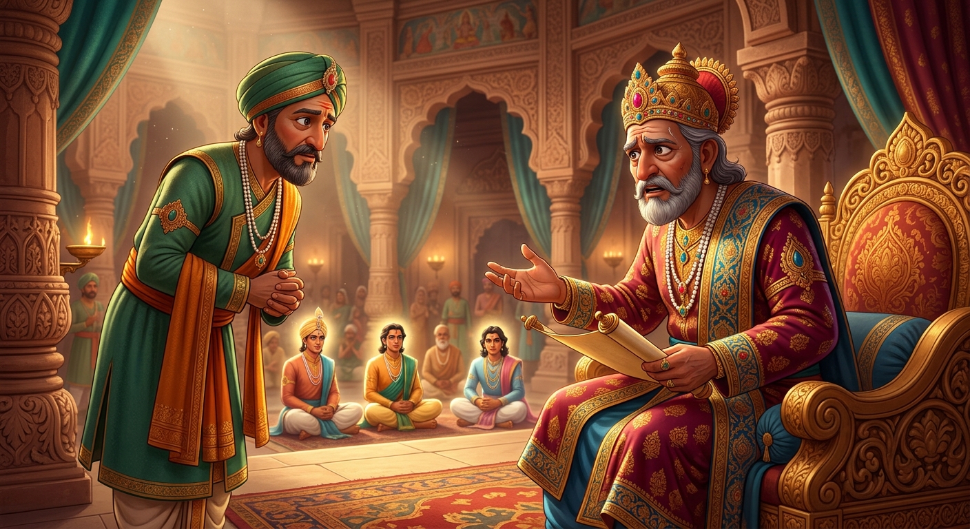 King Mahasena consulting with his prime minister in the council chamber