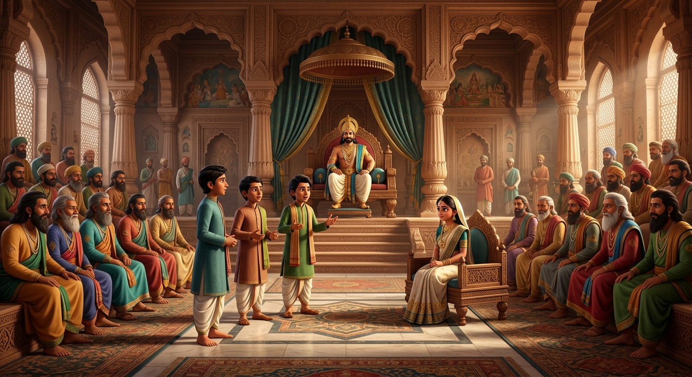 The four suitors standing before the royal court to present their final arguments