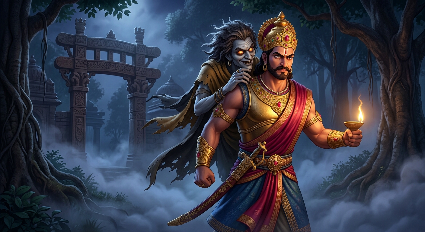 In the midnight misty jungle Betal whispering the dilemma of craft vs royal duty