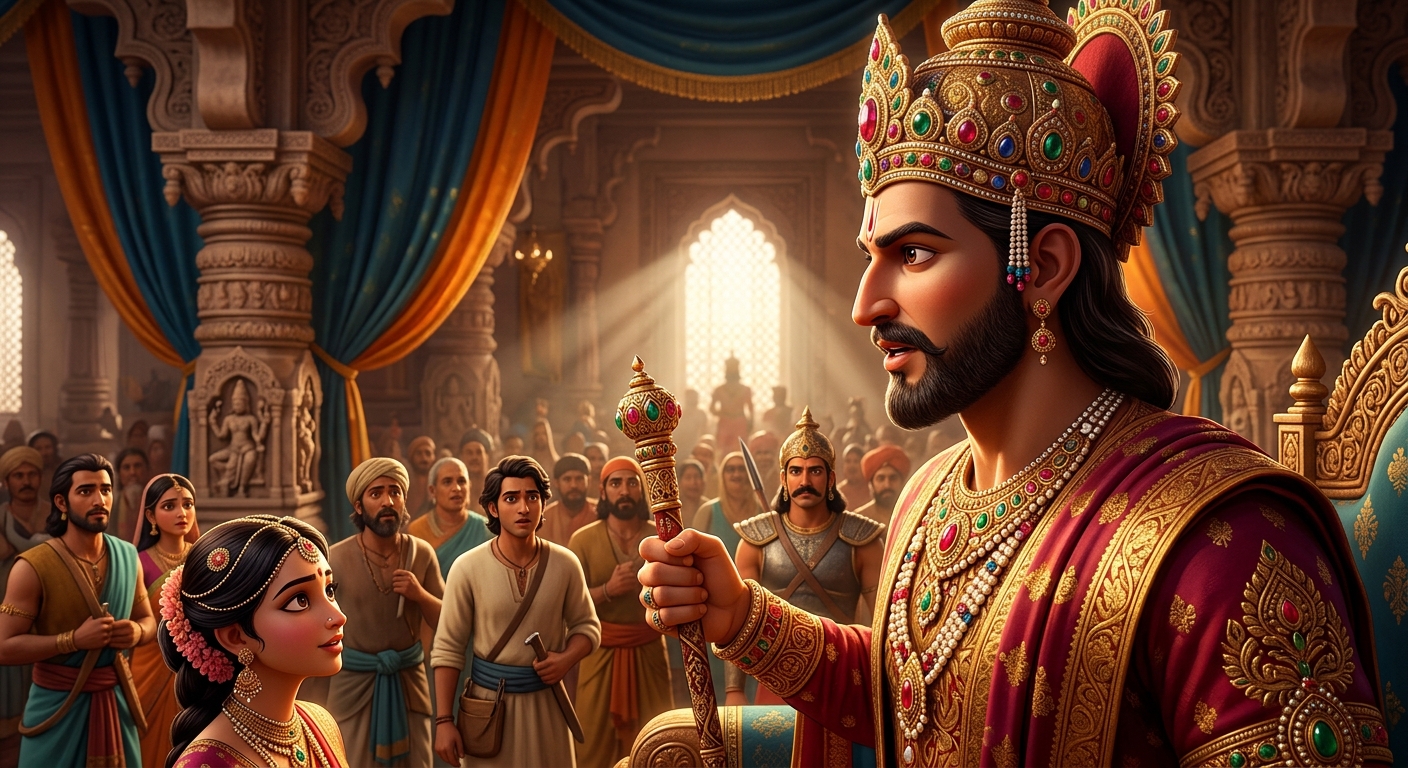 Heroic close-up of Emperor Vikramaditya delivering his unassailable verdict