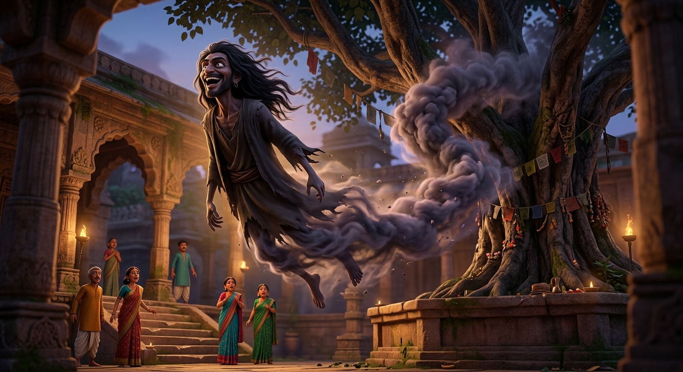 Betal laughing triumphantly as his corpse-form dissolves into smoke flying back to the tree