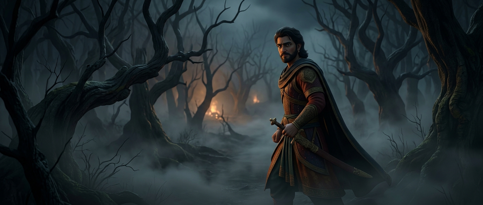 King Vikramaditya standing resolute in the dark moonless Amavasya jungle turning back to retrieve Betal