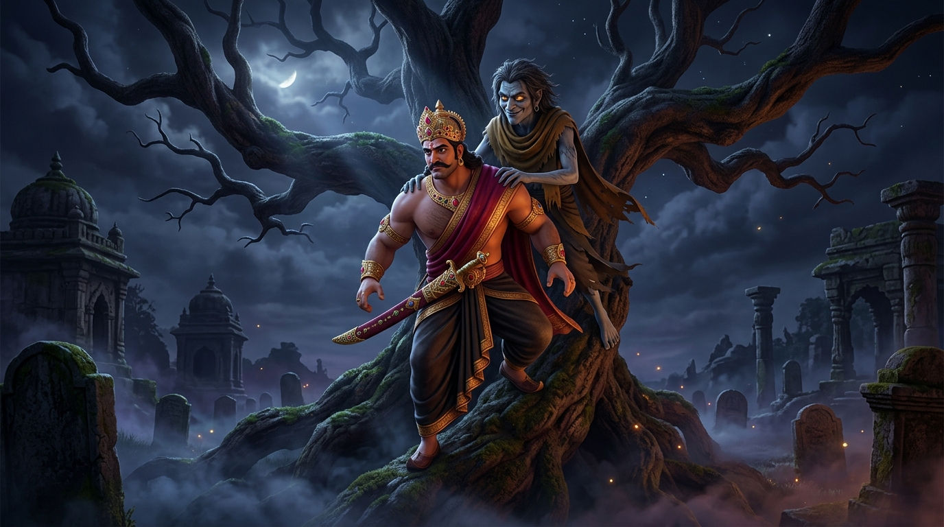 King Vikramaditya retrieving Betal from Shinshapa tree