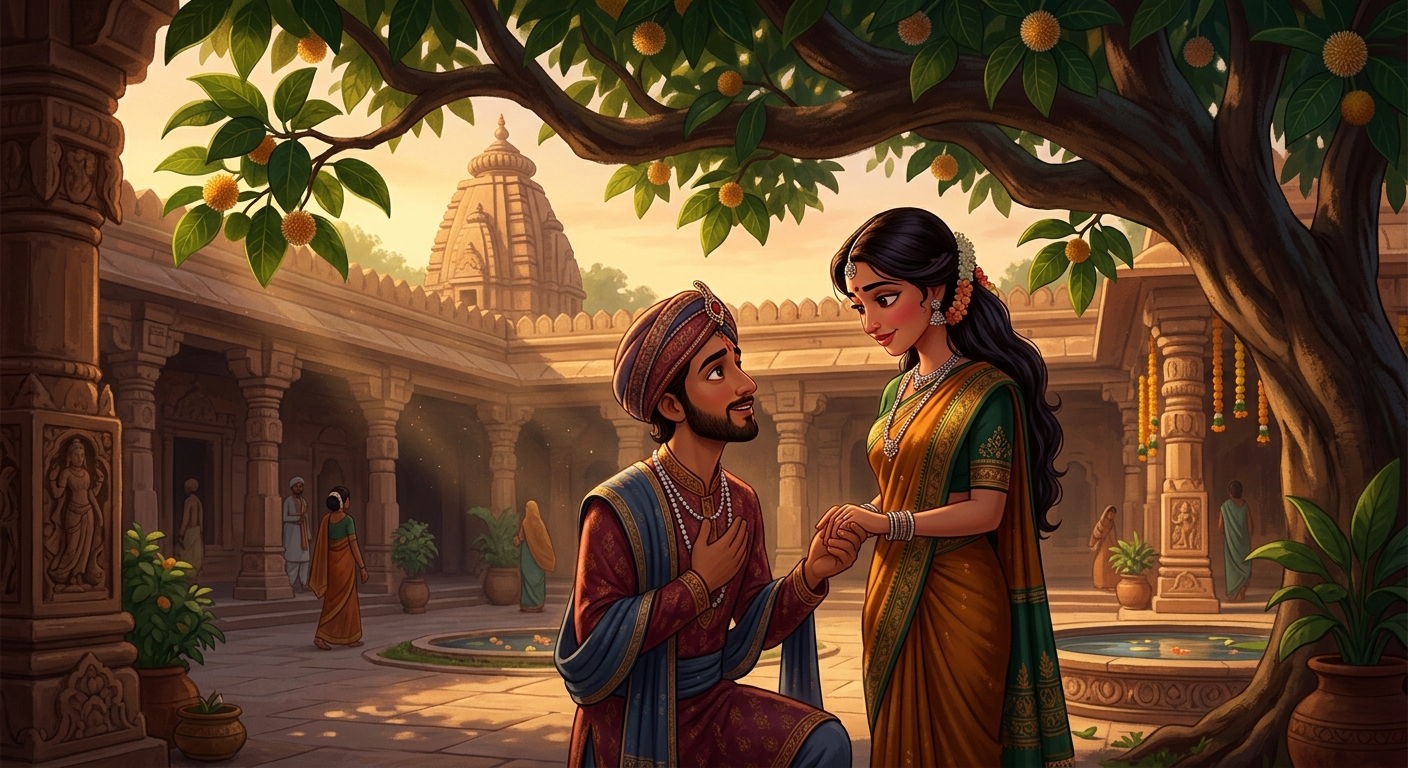 Young merchant Dharmadatta professing his love to Madansena beneath a flowering tree