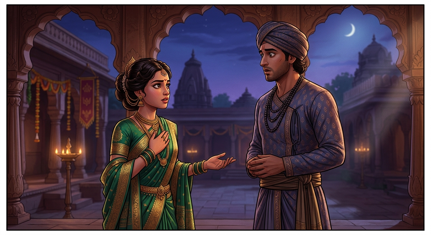 Madansena giving her solemn word of truth to Dharmadatta