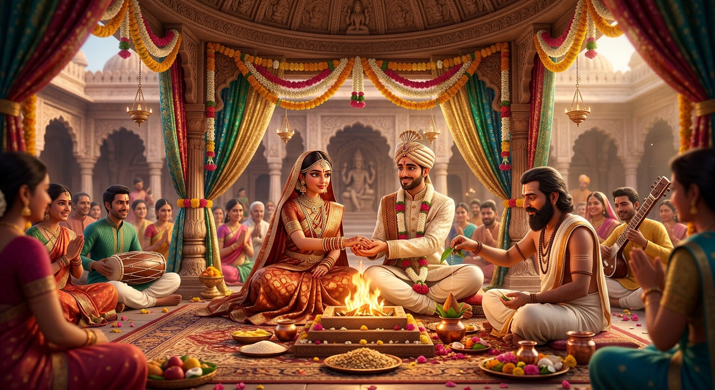 Grand Vedic wedding between Madansena and Samudradatta around sacred fire