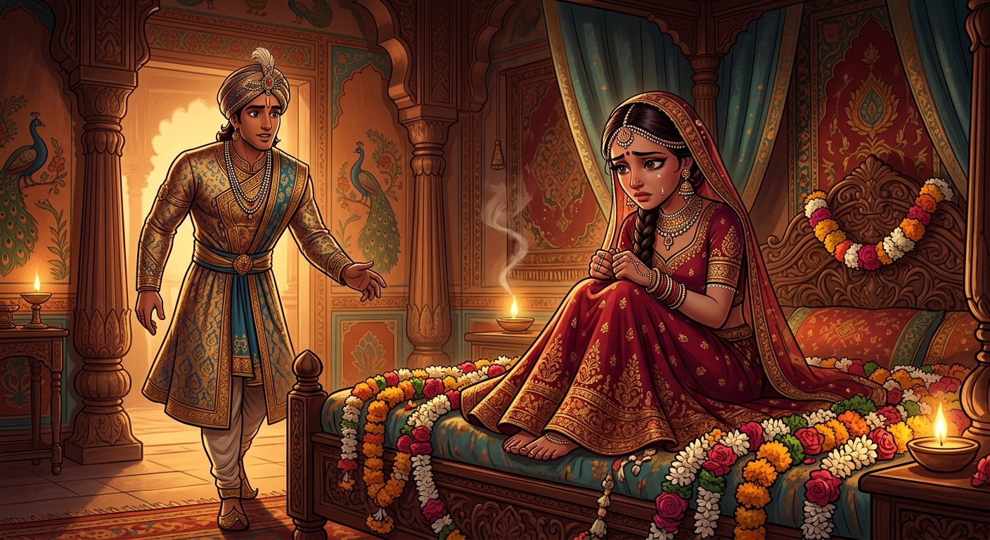 Madansena sitting in tears in the flower-strewn bridal chamber as her husband enters
