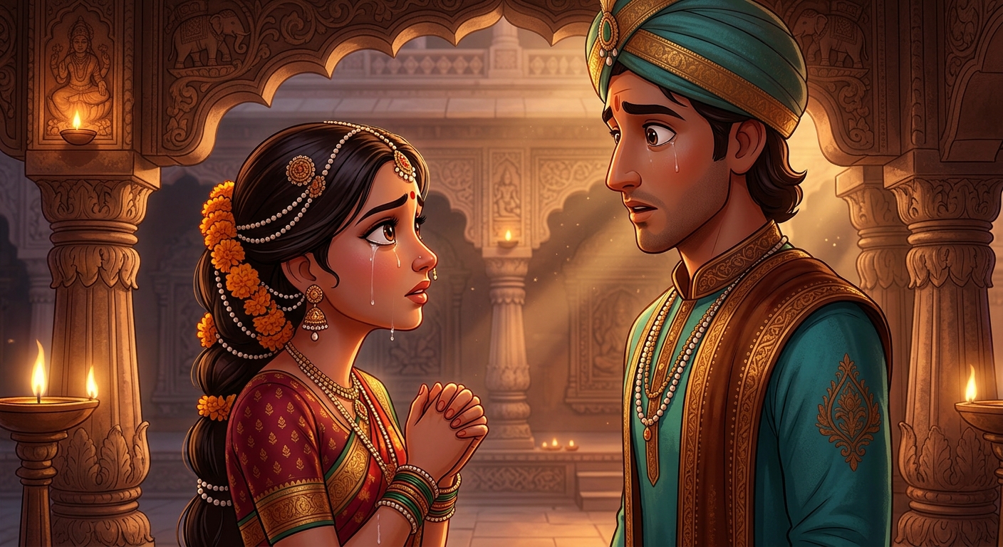 Madansena confessing her pre-marital vow of truth to her husband with folded hands
