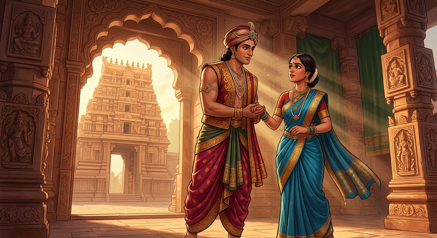 Husband Samudradatta magnanimously granting permission with noble composure