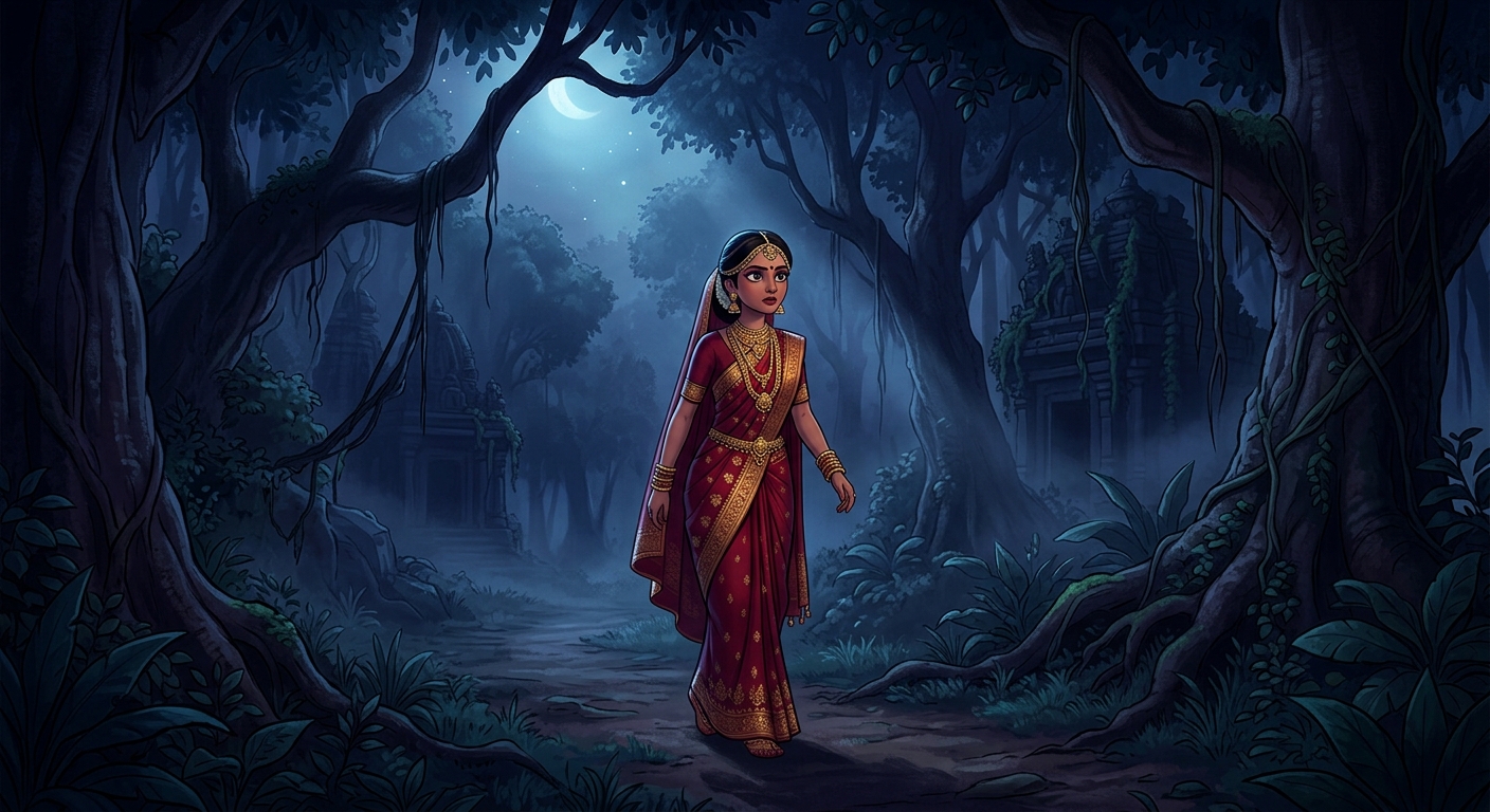 Madansena walking alone through the dark eerie midnight forest in bridal jewelry