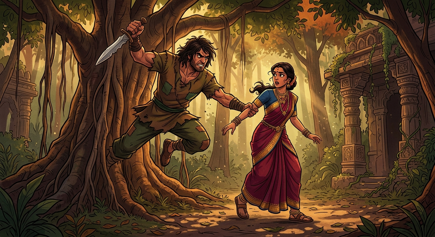 A terrifying robber with a dagger leaping out from behind a banyan tree seizing Madansena