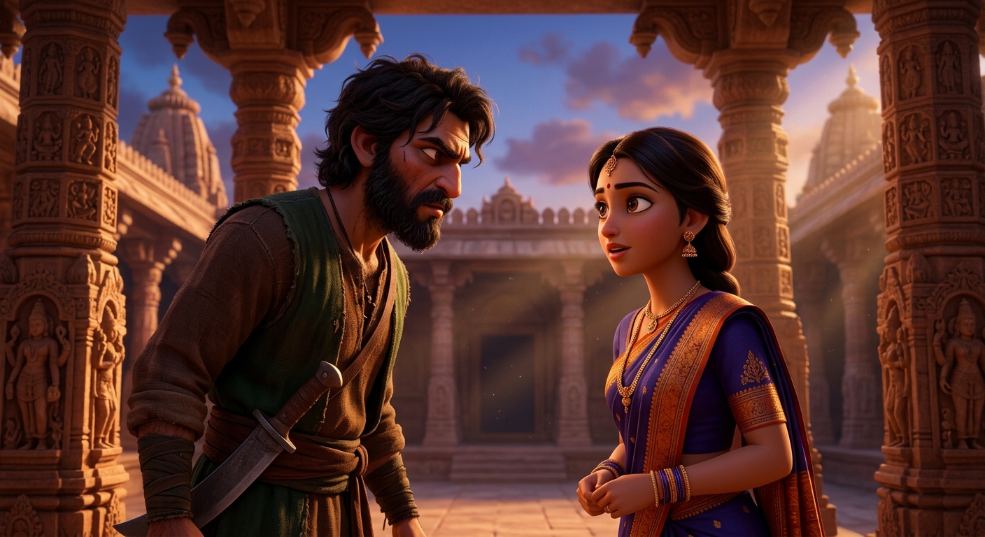 Madansena looking fearlessly into the robber's eyes explaining her vow of truth