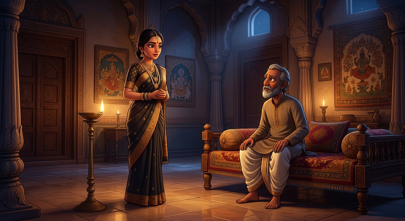 Madansena arriving at Dharmadatta's mansion in the dead of night standing in pure truth