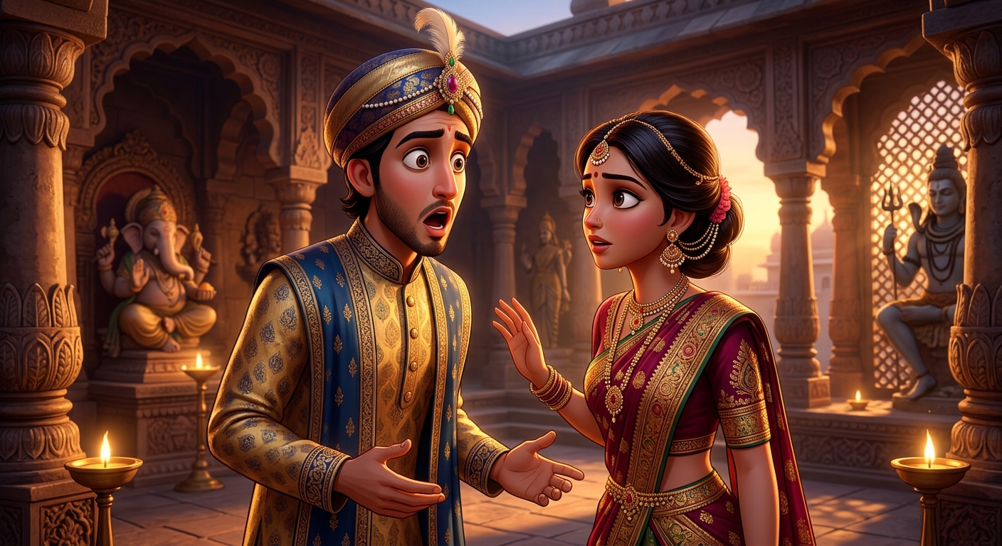 Dharmadatta staring at Madansena in absolute disbelief as she explains her husband's permission