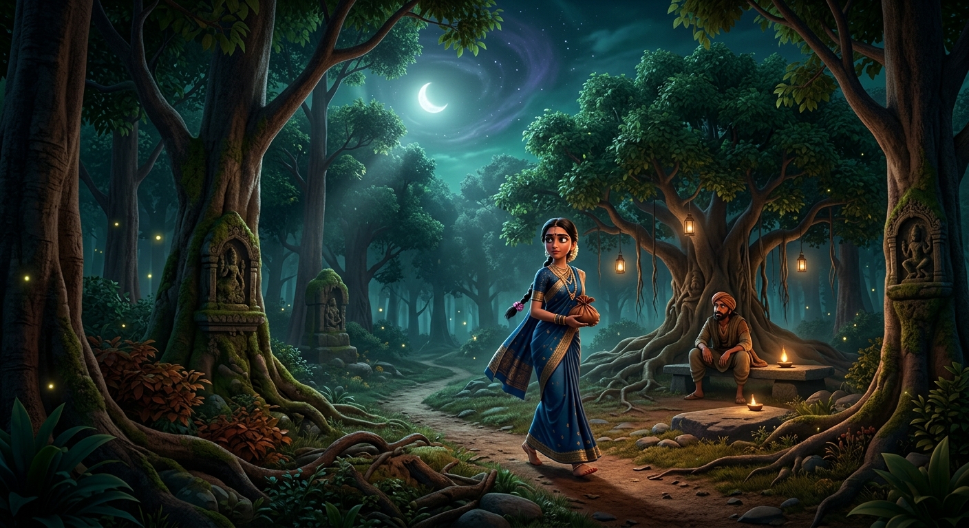 Madansena walking back to the forest crossroads standing faithfully before the waiting robber