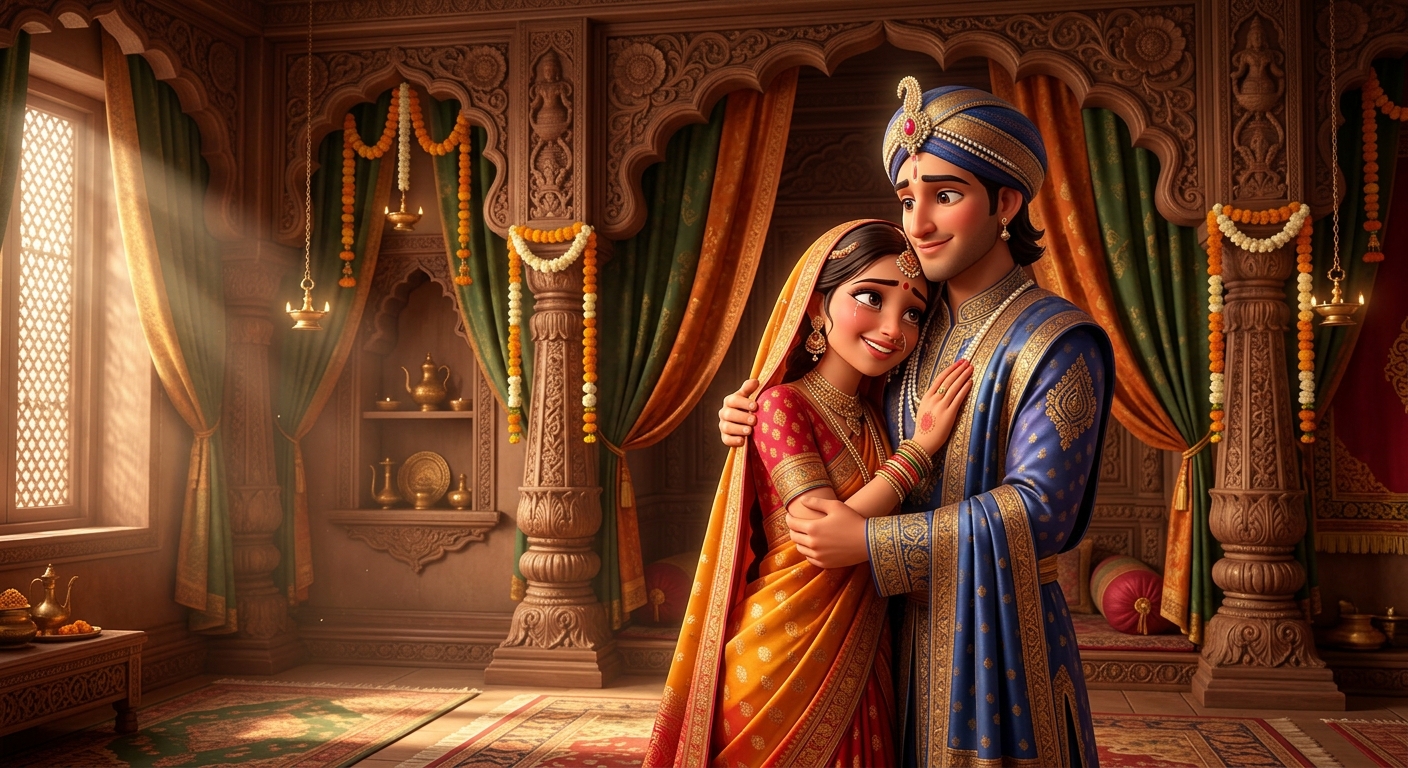 Joyous reunion in the bridal chamber where Samudradatta embraces his pure and truthful wife