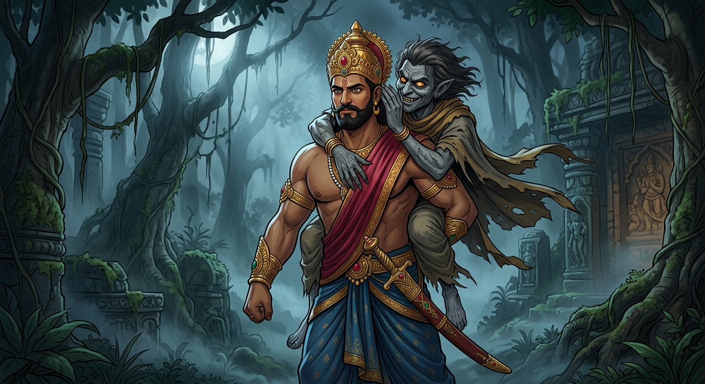 In the midnight forest Betal whispering the dilemma of sacrifice into Vikramaditya's ear