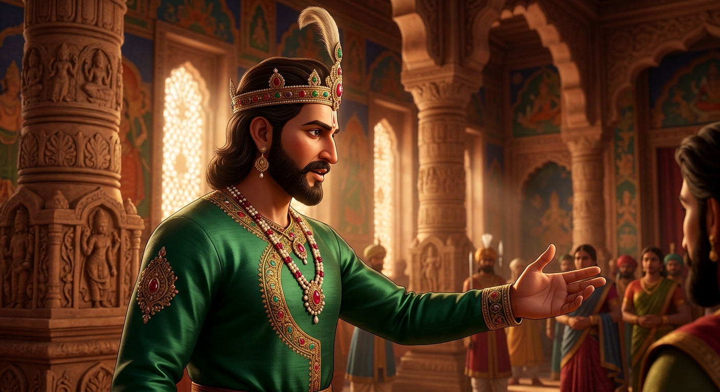 Heroic close-up of Emperor Vikramaditya delivering his verdict declaring the thief's sacrifice greatest