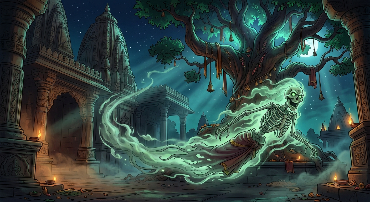 Betal laughing triumphantly as his corpse-form dissolves into smoke flying back to the tree