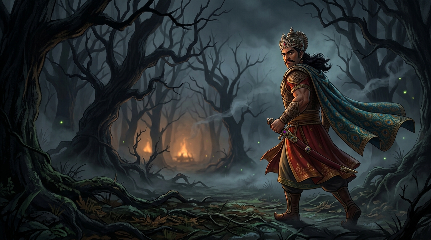 King Vikramaditya standing resolute in the dark moonless Amavasya jungle turning back to retrieve Betal