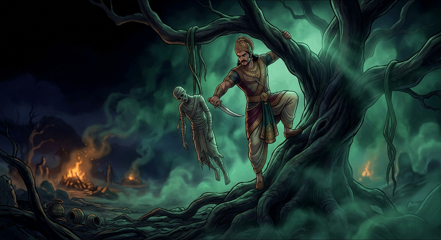 Wide cinematic shot of Emperor Vikramaditya climbing the ancient twisted Shinshapa tree in the haunted cremation ground under a pitch-black moonless sky, cutting down the spectral corpse Betal. Eerie green and indigo mist, glowing funeral pyres in the deep background, oil painting graphic novel style.