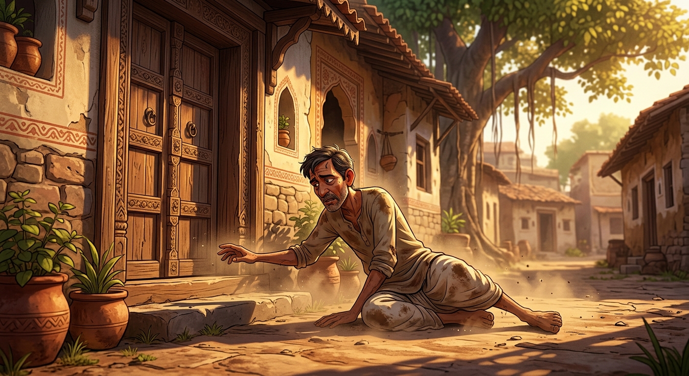 Low angle shot of Hariswami collapsing from heat and hunger near the carved wooden gate of a village home. Dust swirling around him, parched lips, trembling hands reaching toward the doorstep, warm golden sunlight casting sharp shadows.