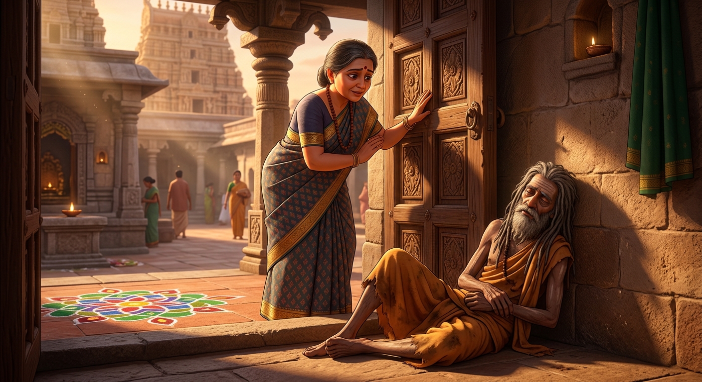 Eye level warm interior-exterior shot of a compassionate, pious Brahmin woman opening the carved wooden door, seeing the collapsed ascetic with deep maternal sympathy and reverence. Traditional terracotta courtyard, auspicious rangoli on the floor.