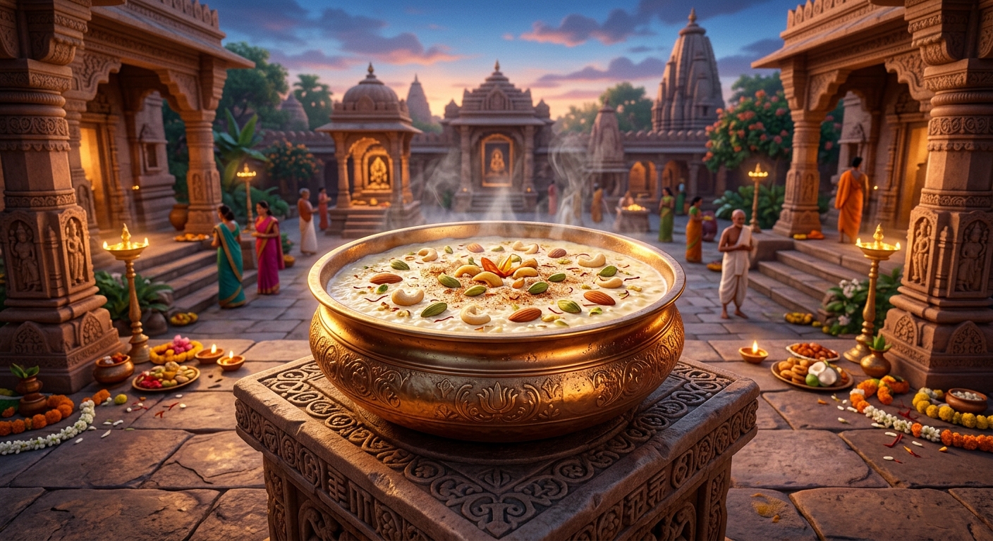 Close-up high angle shot of a large shining bronze bowl filled with steaming, fragrant rice pudding garnished with cardamom and nuts, placed upon a clean raised stone pedestal in the open courtyard beneath the open sky to cool down.