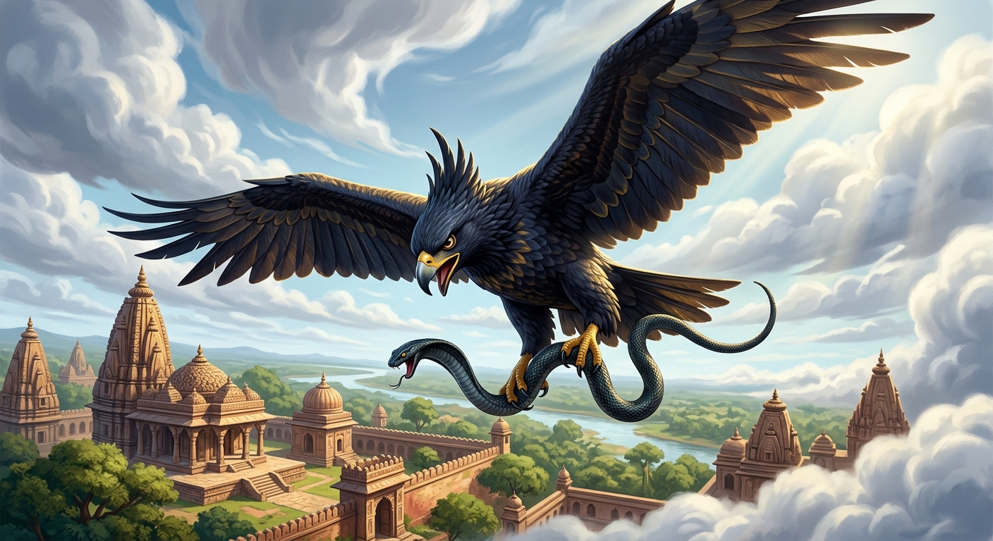 Dramatic dynamic low-angle wide shot of a fierce, giant black-crested eagle soaring across the blazing azure sky, holding a massive writhing black cobra firmly in its razor-sharp talons. High contrast lighting, clouds rushing past.