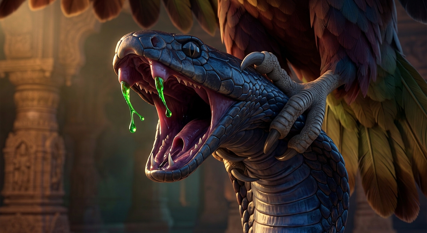 Extreme close-up of the dying black cobra in the eagle's talons, mouth wide open with sharp fangs, venom glistening like molten emerald droplets as it hisses in sheer agony under crushing pressure.