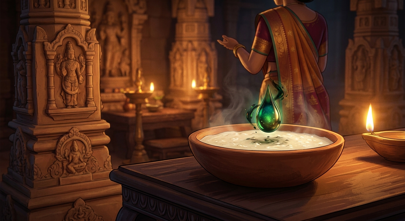 Cinematic macro shot: A single droplet of deadly serpent venom falling in slow motion directly into the white steaming surface of the sweet kheer bowl, dissolving invisibly into the milk. Dramatic lighting, ominous depth of field.