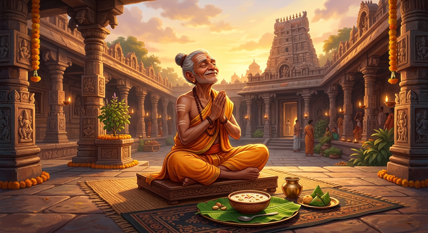 Warm medium shot of Hariswami sitting cross-legged in the courtyard after washing, offering grateful folded hands to the heavens and blessing the food before tasting the kheer served in a banana leaf platter.