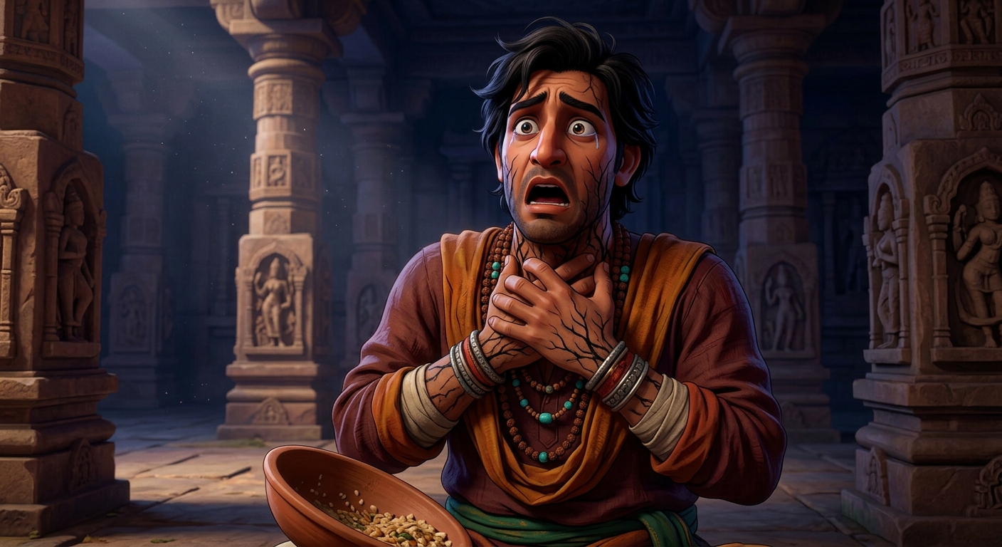 Dramatic close-up of Hariswami suddenly dropping his bowl, eyes widening in shock and horror, clutching his throat with trembling hands as black venomous veins spread across his neck and face.