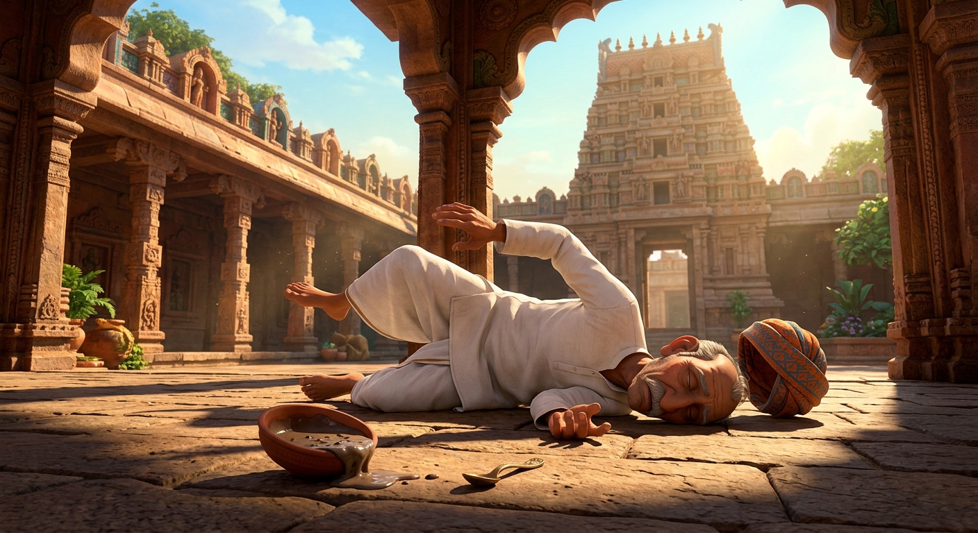 Low angle wide shot of Hariswami collapsing lifeless onto the stone courtyard, overturned bowl spilling kheer on the ground, limbs going rigid. Stark, dramatic shadows.
