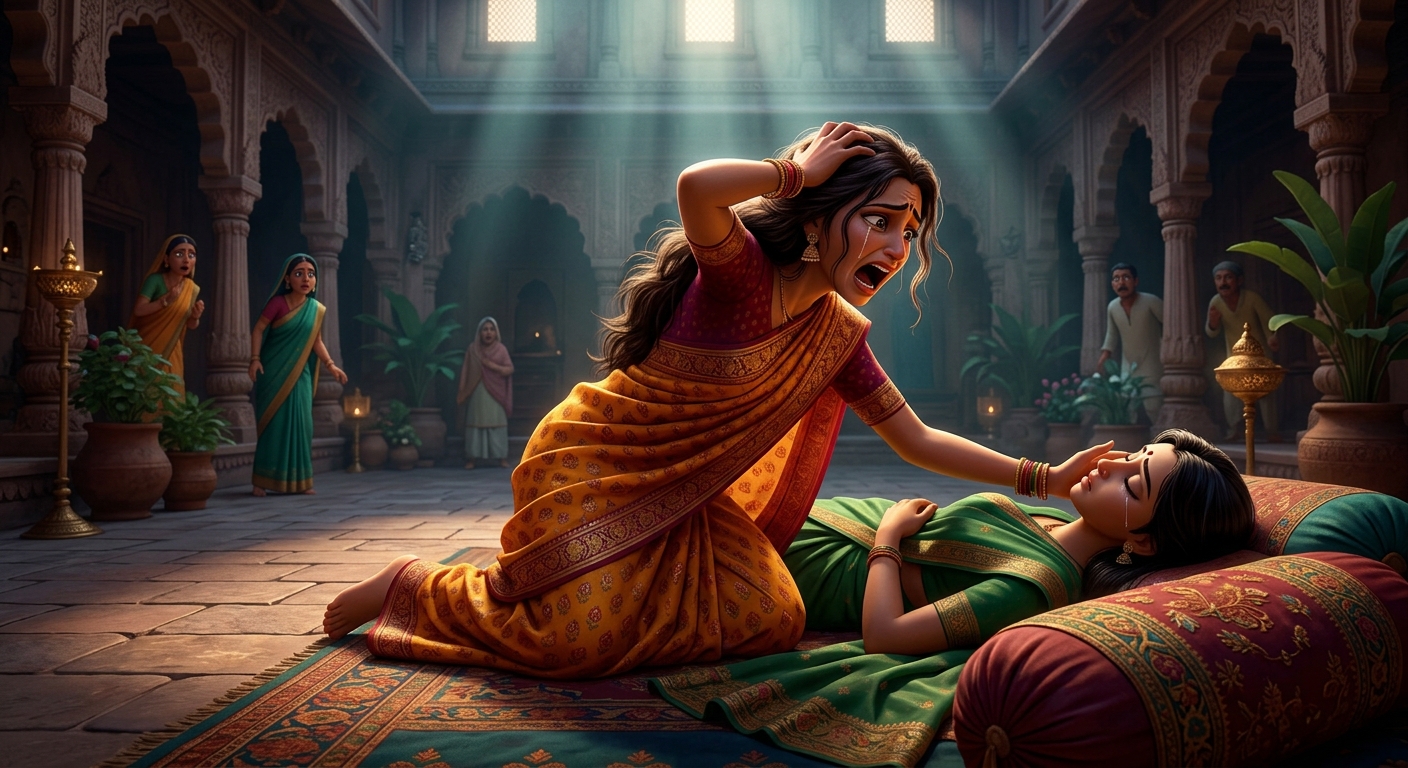 Overhead emotional shot of the pious hostess falling to her knees beside the dead guest, hands clutched to her head in utter despair and disbelief, screaming for help as tears stream down her face.