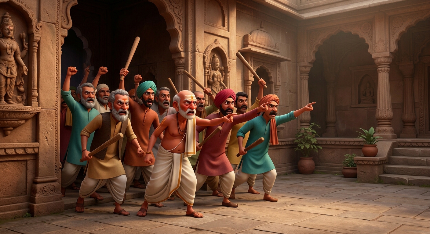 Medium-wide shot of an angry mob of village men, elders, and neighborhood Brahmins storming into the courtyard, pointing accusing fingers and holding wooden clubs in outrage.