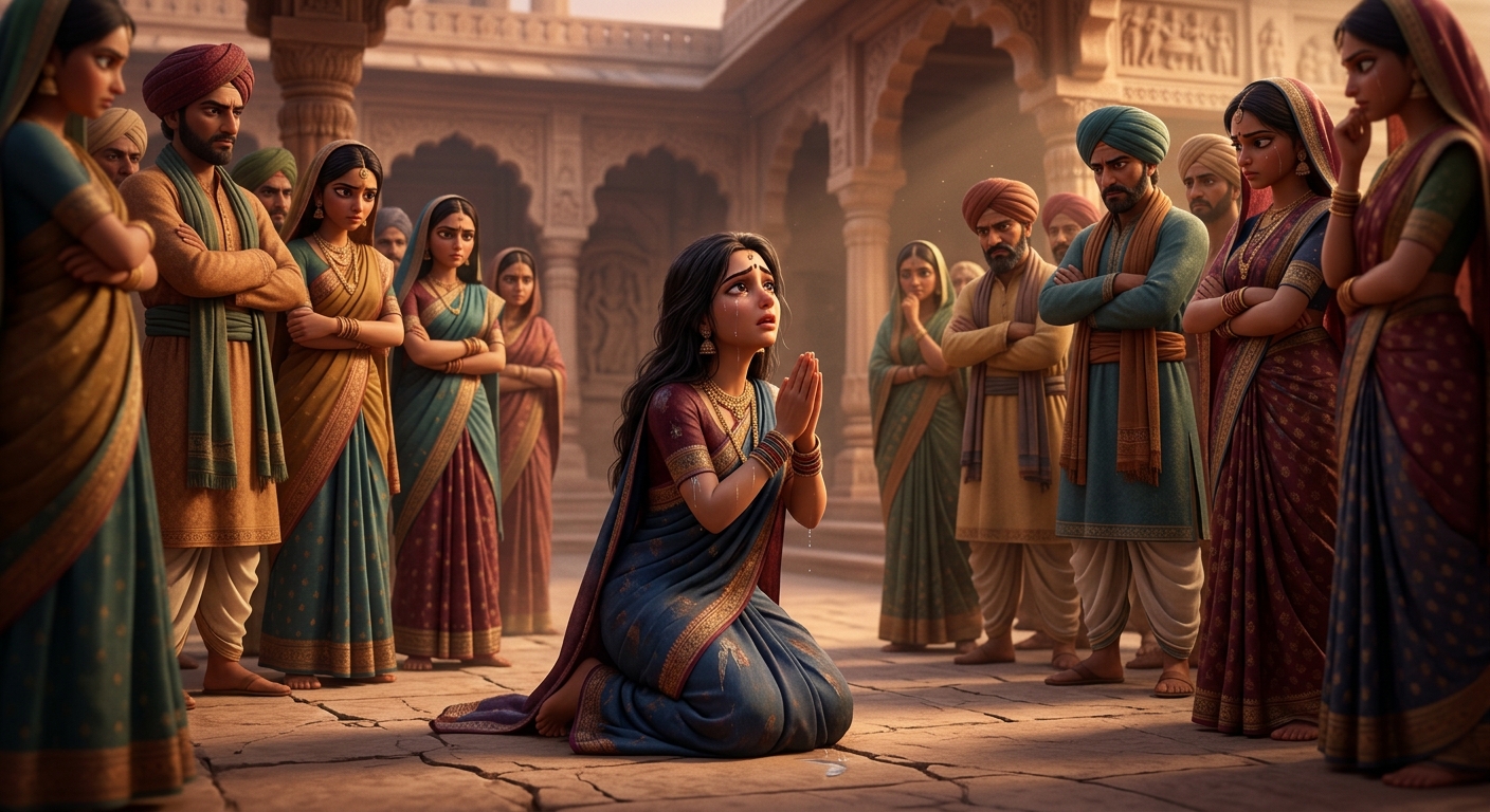 Emotional close-up of the weeping hostess on her knees, pleading with folded hands before the merciless, scornful crowd that refuses to listen to her explanations.