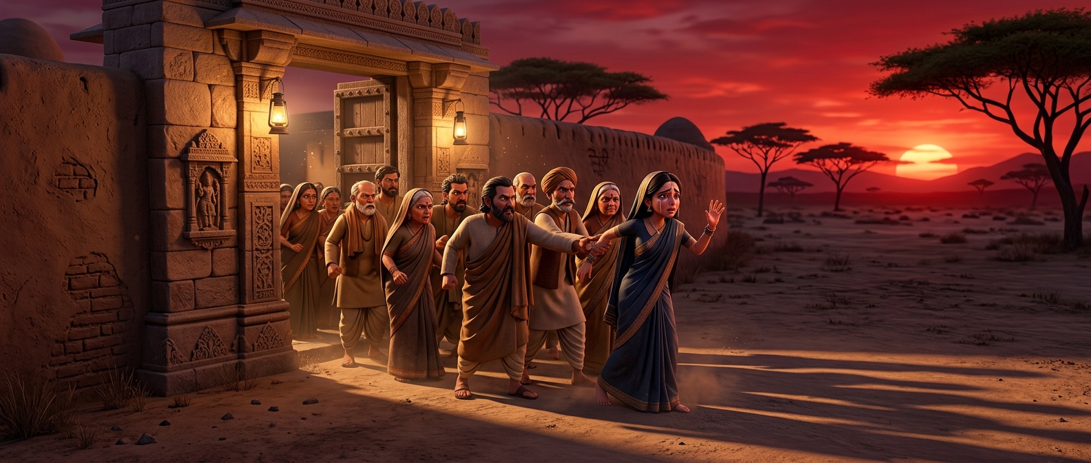 Wide panoramic shot of the innocent woman being cast out from the village gate into the barren wilderness by the hostile mob, weeping bitterly as the sun sets in blood-red hues.