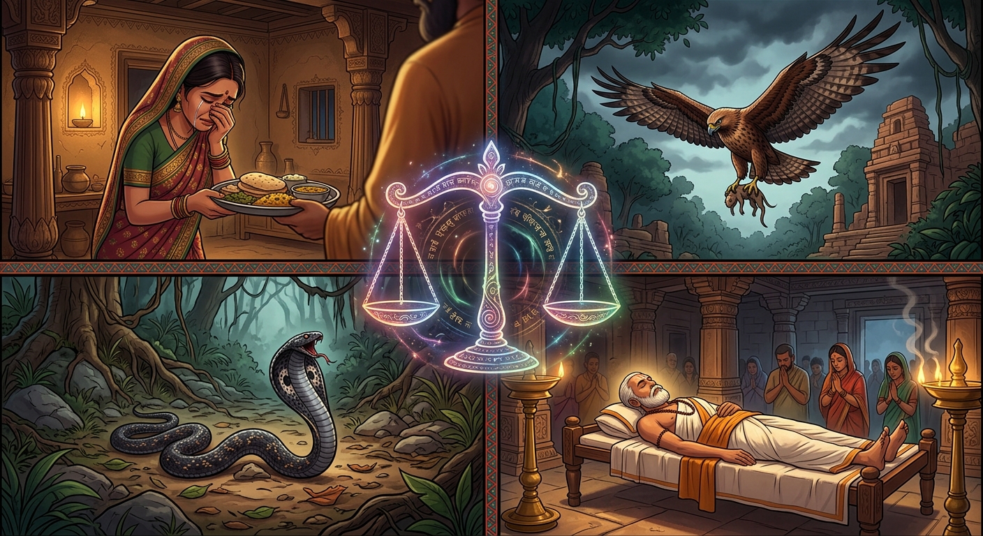 Four-panel stylized montage: Top-left the weeping hostess offering food; Top-right the predatory eagle flying; Bottom-left the dying cobra writhing; Bottom-right the dead pilgrim Hariswami lying in state. Mystical cosmic scales of karma hovering in the center.