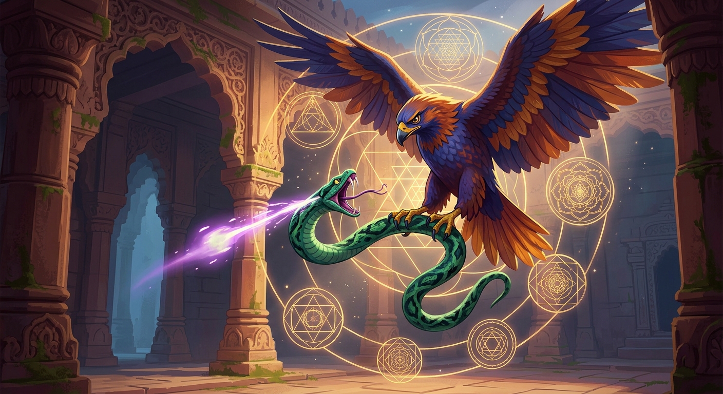 Philosophical high-contrast visual: Symbolic representation of the laws of nature—an eagle hunting for survival according to its instinct, and a dying snake involuntarily expelling poison in reflex, surrounded by golden cosmic geometry.