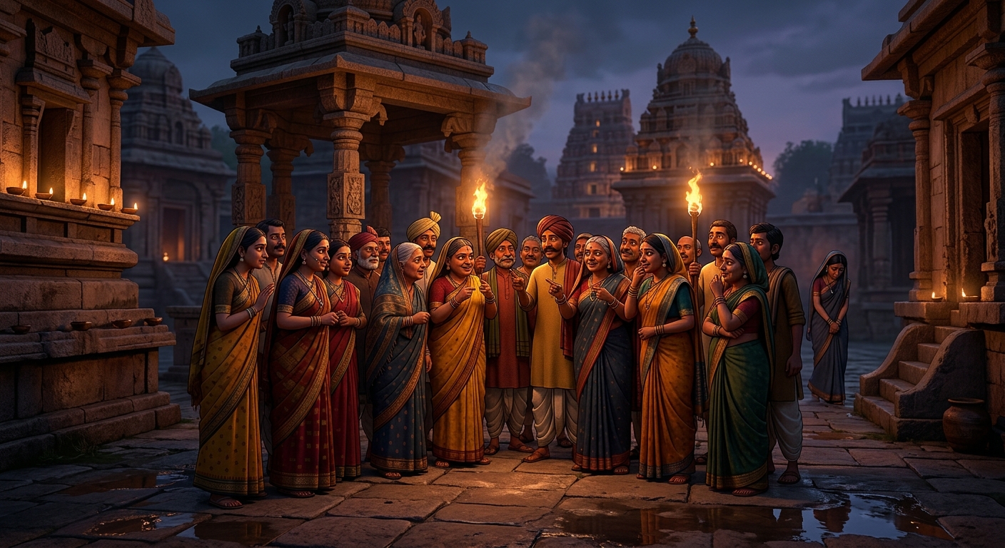 Dark atmospheric shot: The self-righteous village mob standing proudly in the town square, gossiping and feeling virtuous after condemning the innocent woman, unaware of their own moral decay.