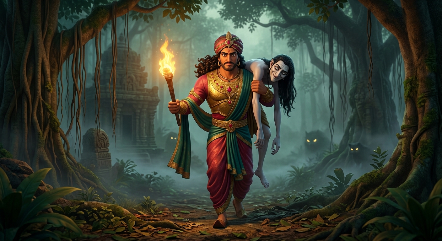 Atmospheric shot in the eerie Mahashmashan of Ujjain: Emperor Vikramaditya striding through the fog-shrouded jungle, torchlight illuminating the corpse Betal hanging over his royal shoulder.