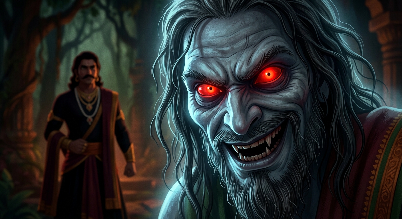 Close-up of Betal's spectral visage, glowing red eyes and sinister grin illuminated by pale blue ghost-light, challenging Emperor Vikramaditya with the insoluble riddle of sin.